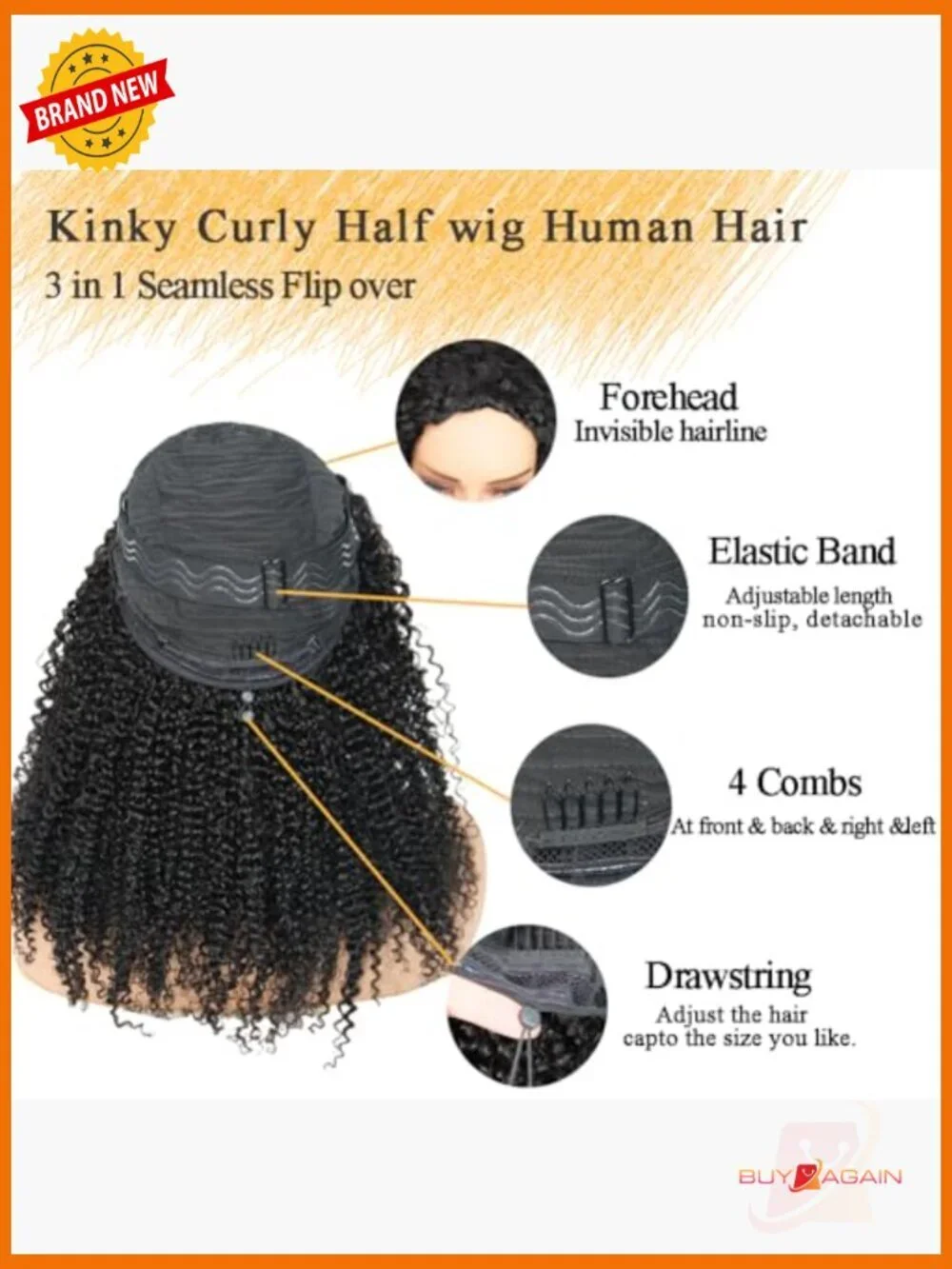 200% Density Kinky Curly Half Wig Human Hair Glueless 18in